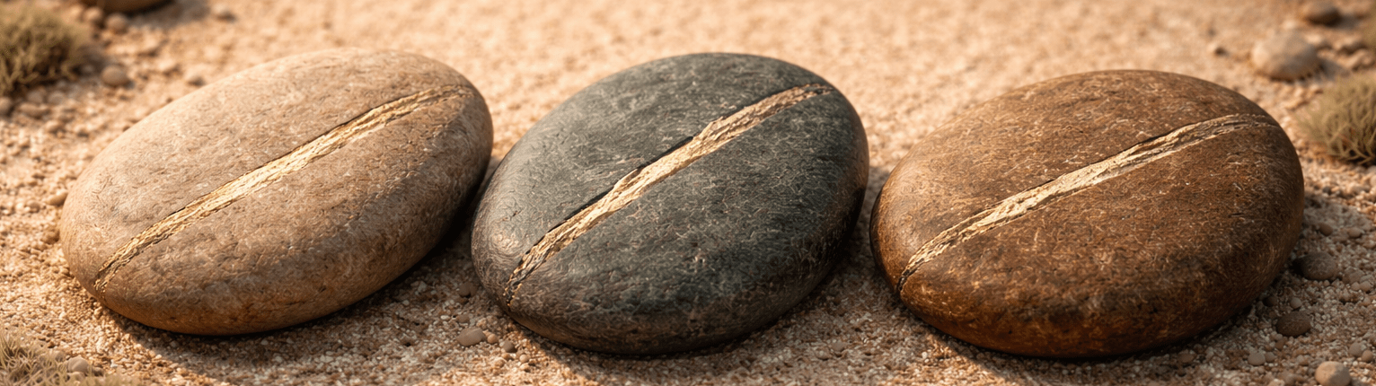 Smooth stones marked with a gold touchstone streak